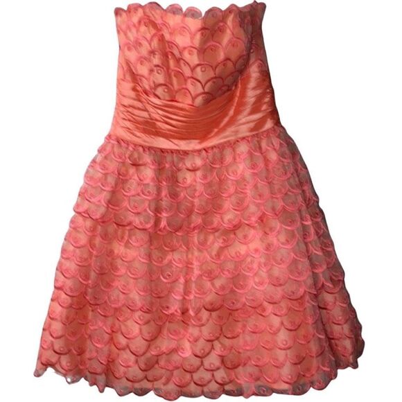 Jovani Strapless A-Line Peach Ruffled Lace Designer Women’s Mermaid Mini Dress 2 - Picture 5 of 14